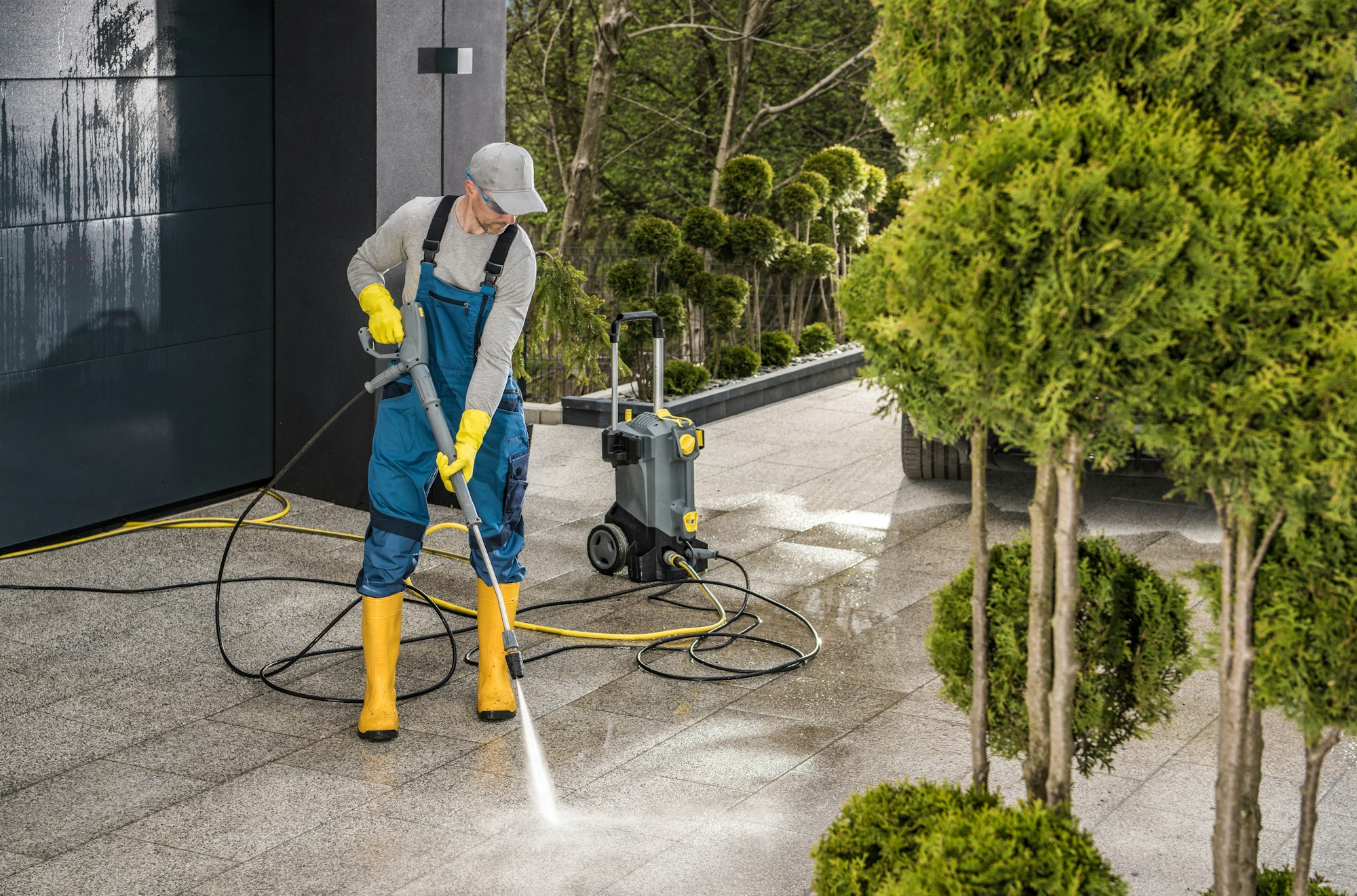 Cleaning His Modern House Surroundings with a Powerful Pressure Washer.